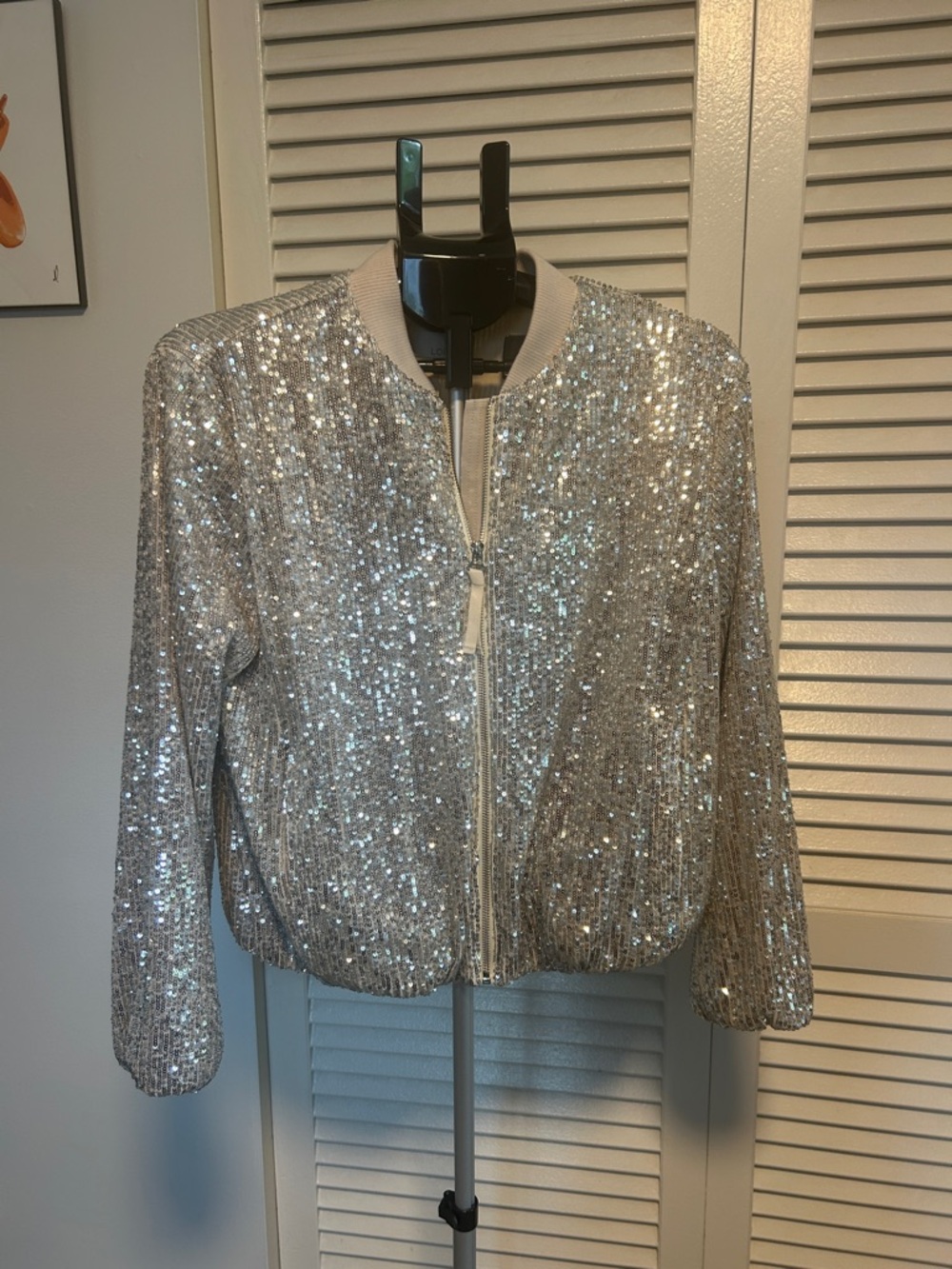 LOFT Silver Sequin Bomber Jacket with Ribbed Trim